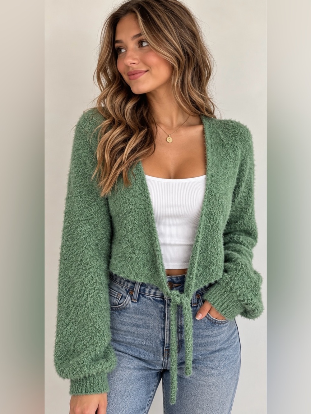 Hollister Soft Fuzzy Green Tie Front Cardigan XS Cropped Cozy Sweater
